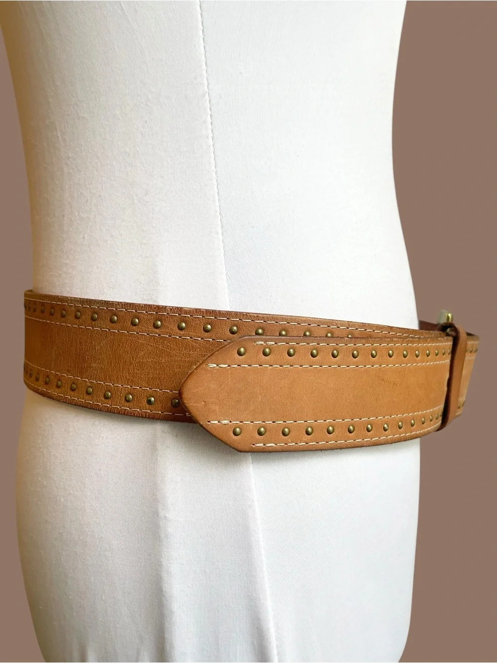 Wide Brown Leather Belt with Square Brass Buckle 90s Size S/M